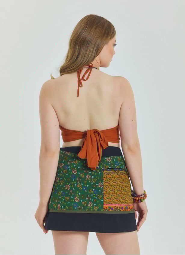 Snap Front Pocket Patchwork Wrap Green Plus Size Skirt 4688